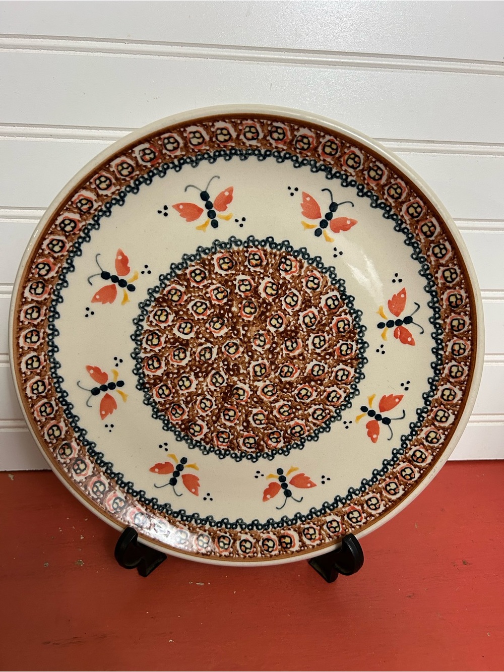 Vintage Boleslawiec Polish UNIKAT pottery dinner plate Butterflies firing flaw